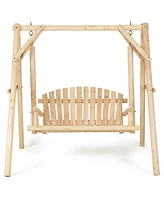 Gymax Wooden Porch Swing Outdoor Patio Rustic Torched Log Curved Back Bench A-Frame