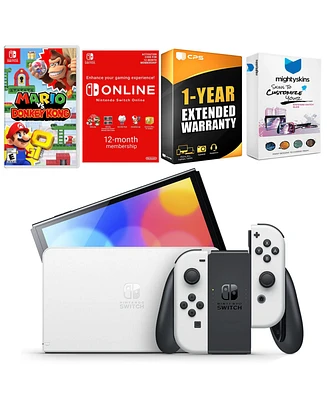 Nintendo Switch White Oled Console with Mario vs. Donkey Kong, Nso 12 Month Family Membership, MightySkins Console and Controller Skin Voucher