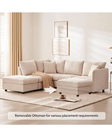 Mondawe 89x79"Modern Sectional Sofa with Vertical Stripes,2 Pillows,5-Seat Couch Convertible Ottoman,Various Combinations,L-Shape Indoor Fur