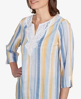 Alfred Dunner Petite Flower Power Striped Detail Button Front Top