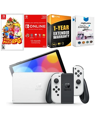 Nintendo Switch White Oled Console with Super Mario Rpg , Nso 12 Month Family Membership, MightySkins Console and Controller Skin Voucher