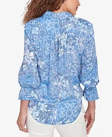 Ruby Rd. Petite Silky Floral Tile Button Tie Front Top