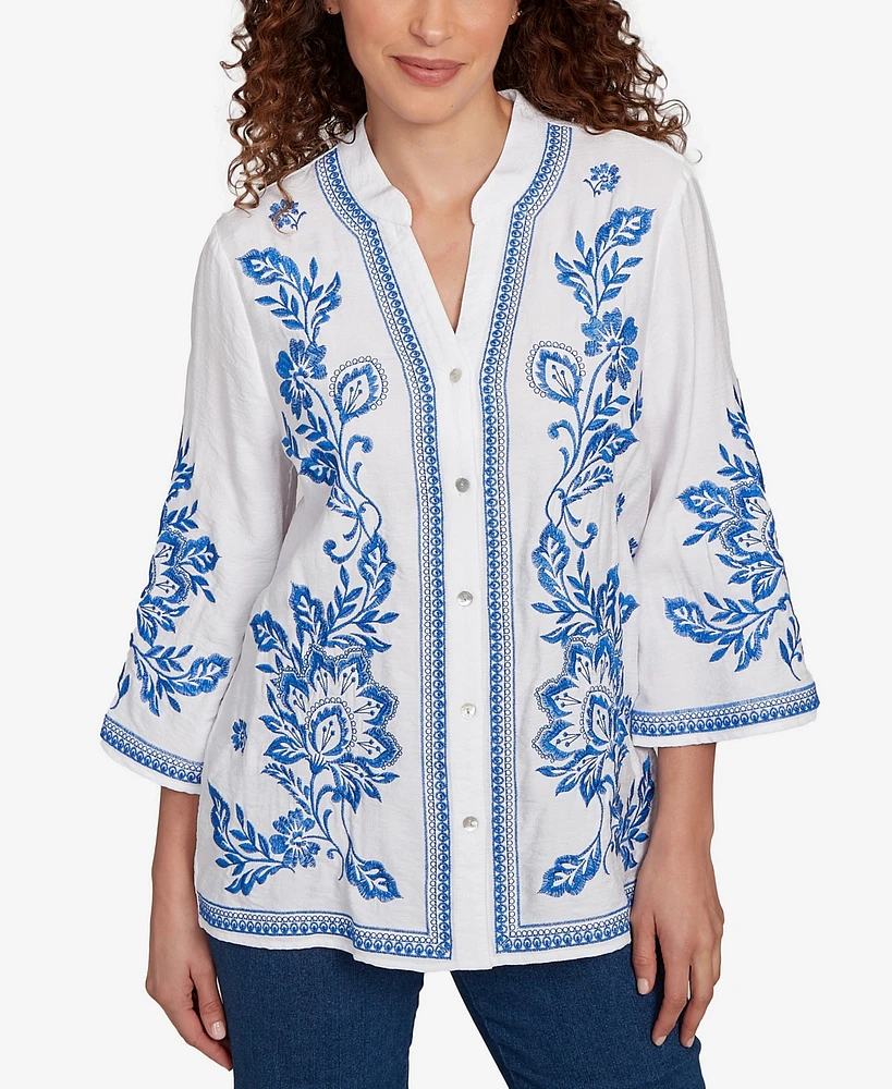 Ruby Rd. Petite Tidal Embroidered Button Front Top