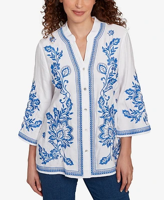 Ruby Rd. Petite Tidal Embroidered Button Front Top