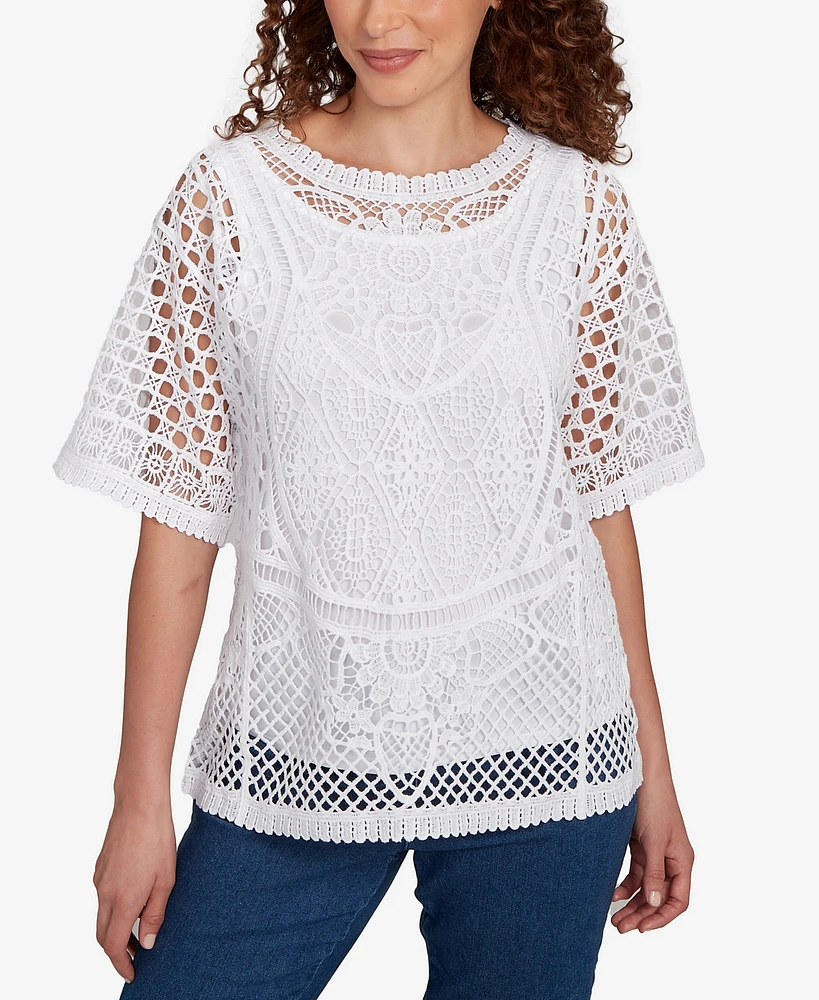 Ruby Rd. Petite Floral Blocked Crochet Sweater
