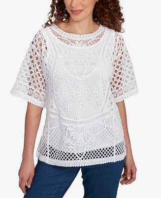 Ruby Rd. Petite Floral Blocked Crochet Sweater