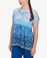 Ruby Rd. Petite Crystal Ombre Cold Shoulder Crew Neck T-Shirt