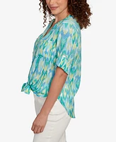 Ruby Rd. Petite Paradise Ikat Button Tie Front V-Neck Top