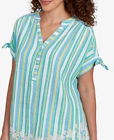Ruby Rd. Petite Scalloped Stripe Embroidered Tie Sleeve Top