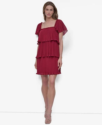 Dkny Women's Square-Neck Pleated Tiered Short Dress