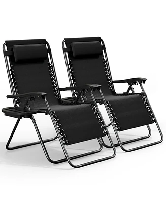 Outdoor Patio Zero Gravity Chairs Set of 2 - Reclining Lounge with Pillows & Cup Holders