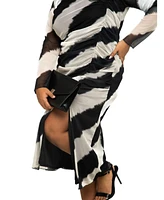 Fashion-szn Curve Plus Long Sleeve Monochrome Print Midi Dress
