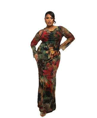 Fashion-szn Curve Plus Long Sleeve Floral Print Mesh Maxi Dress