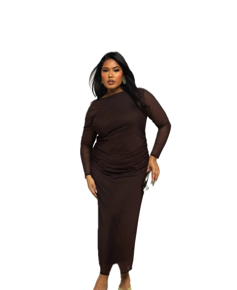 Fashion-szn Curve Plus Long Sleeve Chocolate Mesh Midaxi Dress