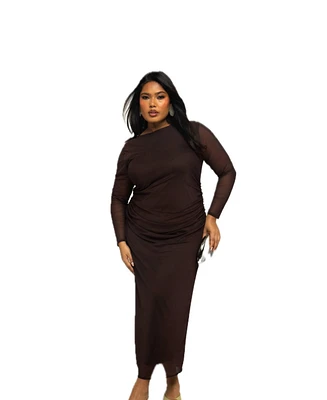 Fashion-szn Curve Plus Long Sleeve Chocolate Mesh Midaxi Dress