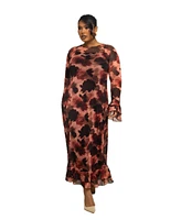 Fashion-szn Curve Plus Long Sleeve Floral Print Mesh Maxi Dress