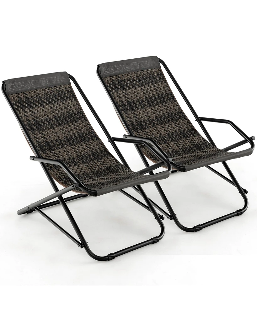 2 Pcs Patio Folding Rattan Sling Chair Rocking Lounge Chaise Armrest Garden