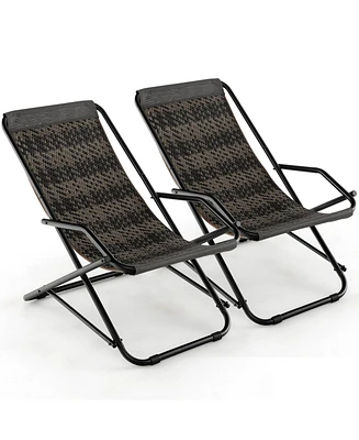 2 Pcs Patio Folding Rattan Sling Chair Rocking Lounge Chaise Armrest Garden