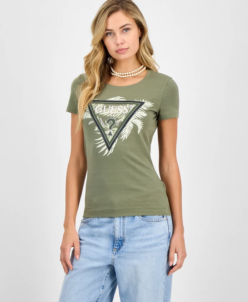 Guess Women's Palm-Print Triangle Logo T-Shirt