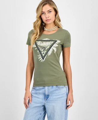 Guess Women's Palm-Print Triangle Logo T-Shirt