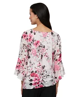 Alex Evenings Women's Chiffon Printed Bell-Sleeve Blouse