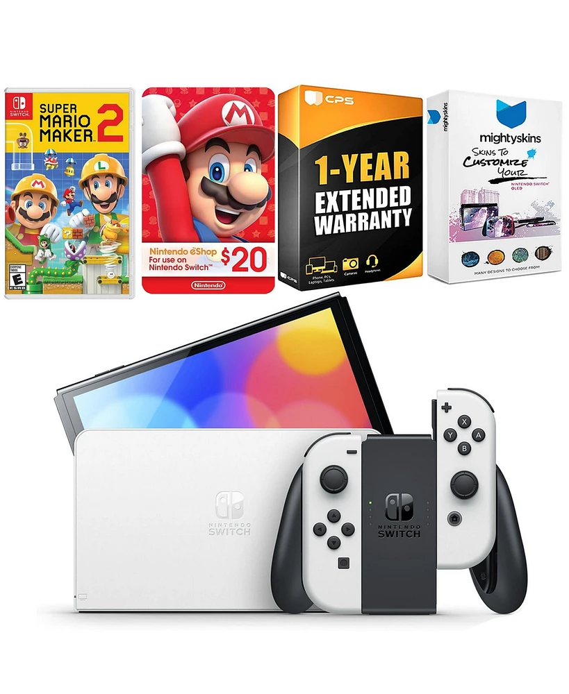 Nintendo Switch White Oled Console with Mario Maker 2, Nintendo $20 eShop Gift Card, MightySkins Console and Controller Skin Voucher