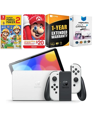 Nintendo Switch White Oled Console with Mario Maker 2, Nintendo $20 eShop Gift Card, MightySkins Console and Controller Skin Voucher