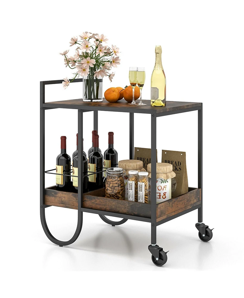 Rolling Buffet Serving Cart with Removable Metal Wire Wine Rack