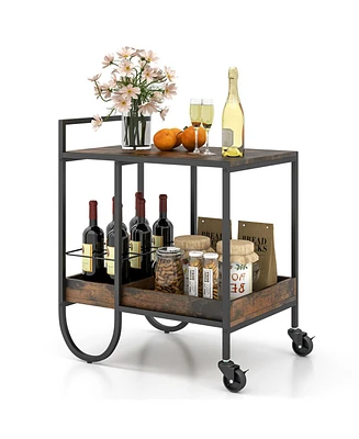 Rolling Buffet Serving Cart with Removable Metal Wire Wine Rack