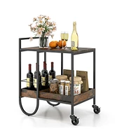 Rolling Buffet Serving Cart with Removable Metal Wire Wine Rack