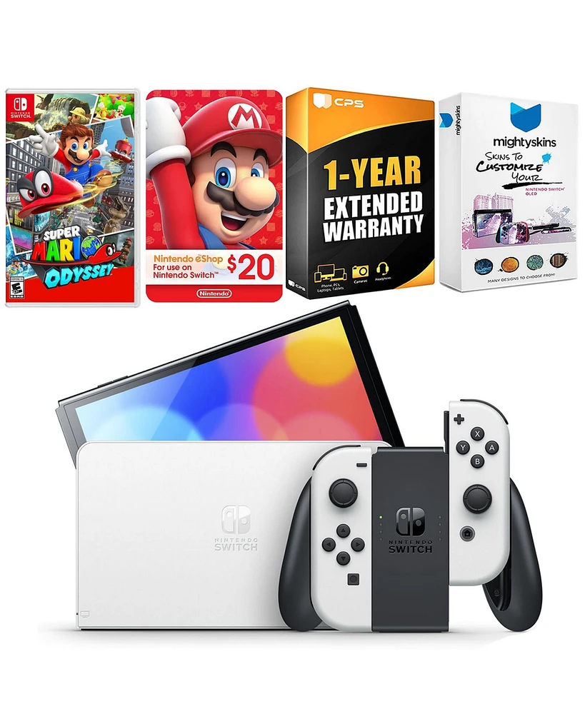 Nintendo Switch White Oled Console with Super Mario Odyssey, Nintendo $20 eShop Gift Card, MightySkins Console and Controller Skin Voucher