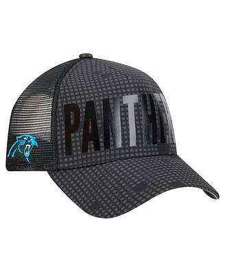 New Era Men's Black Carolina Panthers Midnight Ink Tonal Text A-Frame Trucker 9FORTY Adjustable Hat