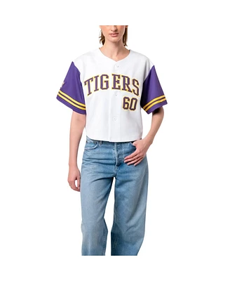 Established & Co. Women's White Lsu Tigers Baseball Jersey Cropped T-Shirt