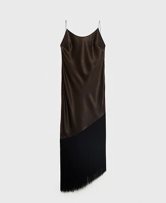 Mango Women's Fringes Detail Asymmetrical Satin Dress