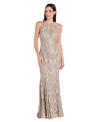 R & M Richards Women's Sequin Lace Keyhole Halter Gown