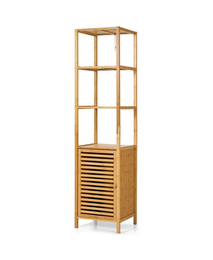4 Tiers Slim Bamboo Floor Storage Cabinet with Shutter Door and Anti-Toppling Device