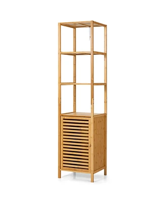 4 Tiers Slim Bamboo Floor Storage Cabinet with Shutter Door and Anti-Toppling Device