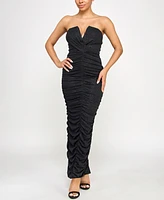 Seni & Cade Juniors' Ruched Strapless Metallic-Knit Gown