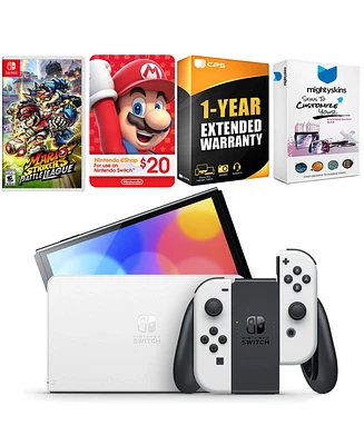 Nintendo Switch White Oled Console with Mario Strikers Battle League, Nintendo $20 eShop Gift Card, MightySkins Console and Controller Skin Voucher