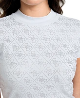 Guess Women's Rhinestone-Logo Mock-Neck Short-Sleeve Top