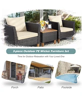 Gymax 3PCS Patio Furniture Set Conversation Bistro Set w/ Acacia Wood & Cushions Beige