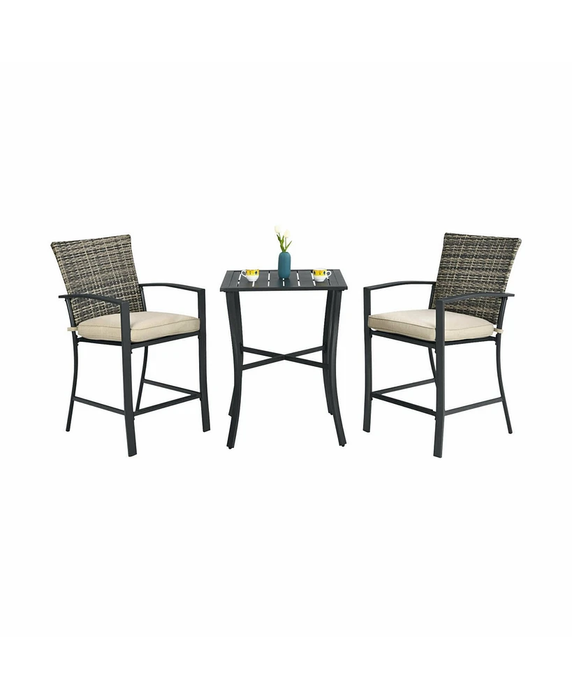Gymax 3PCS Patio Metal Bar Set Outdoor Conversation Furniture Set w/ Cushions