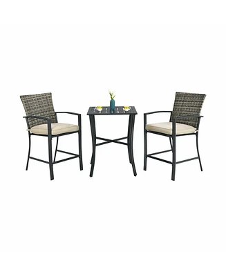 Gymax 3PCS Patio Metal Bar Set Outdoor Conversation Furniture Set w/ Cushions