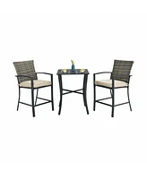 Gymax 3PCS Patio Metal Bar Set Outdoor Conversation Furniture Set w/ Cushions