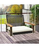 Gymax Rattan Porch Swing Patio Wicker Single Hanging Seat w/ Seat Cushion & Acacia Wood Armrests