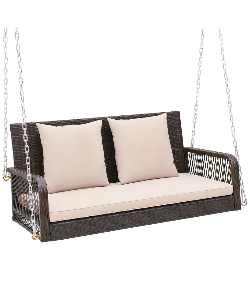 Gymax Wicker Outdoor Porch Swing 800 Lbs Capacity Outdoor Swing Bench w/ Hanging Chains
