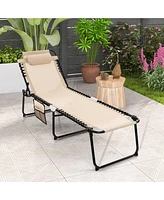 Gymax Patio Folding Chaise Lounge Portable Lay Flat Reclining Chair w/ 4-Level Backrest Side Pocket