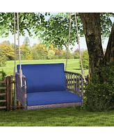 Gymax Patio Rattan Porch Swing Single Person Hanging Seat w/ Seat & Back Cushions Backyard