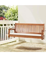 Gymax 2-Seat Patio Hanging Wooden Porch Swing Bench w/ Cushion & Hanging Ropes