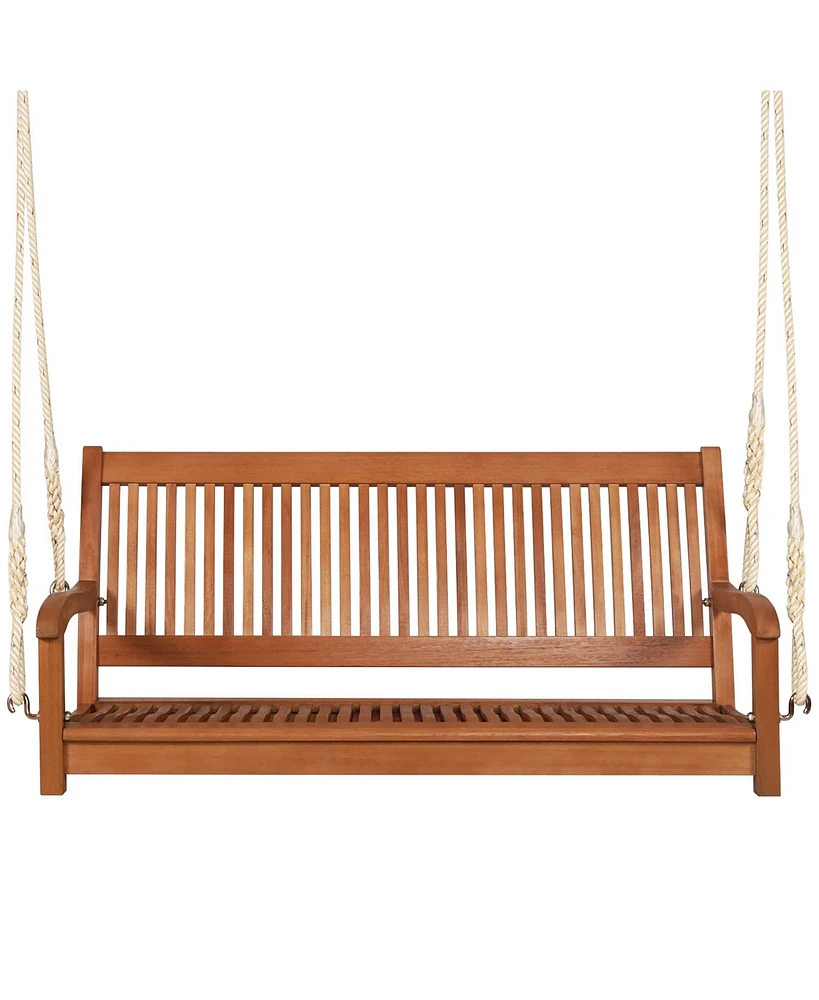 Gymax 2-Seat Patio Hanging Wooden Porch Swing Bench w/ Cushion & Hanging Ropes